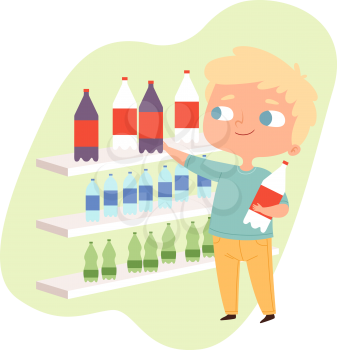 Boy buying drink. Cartoon baby male character, guy near grocery store shelves. Little man customer vector illustration. Drink store, character buyer buying, customer buy
