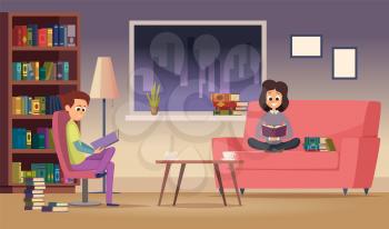 Reading family. Woman man read books in living room. Happy students study at night. Test preparation vector illustration. man, Woman and man reading and relax