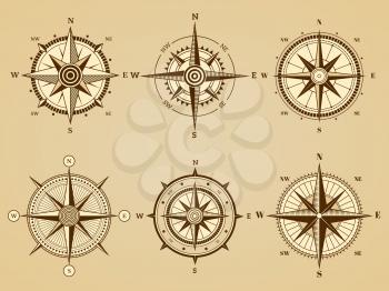 Wind rose. Nautical marine travel symbols for ancient ocean navigation map vector retro symbols. Illustration west and south, north and east direct