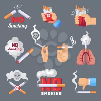 Smoke icon. Lungs and cigarette inhalation smoke problem and dangerous vector flat concept pictures. Ban smoke cigarette, smoking addiction tobacco