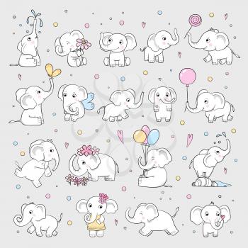 Cute elephant. Wild animals in various poses attractive characters vector cartoon drawn sketch. Elephant adorable with trunk, different pose mascot illustration