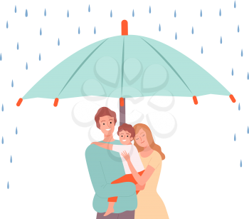 Family in safe. Parents with child under big umbrella. Health protection, safety or kind atmosphere vector concept. Illustration protection safe umbrella, family security and protect