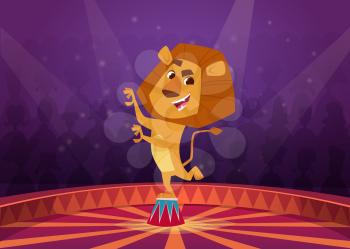 Lion in circus. Wild angry lion acrobat jumping in fire circle circus performer show vector cartoon background. Illustration lion circus animal, wild mammal
