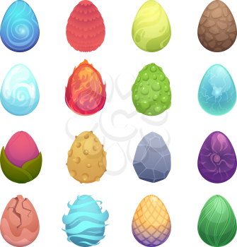 Colored eggs. Vector cartoon fairytale dragon magic eggs for game projects vector collection. Illustration dinosaur fairytale, magical dragon whole eggs set