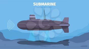 Underwater life with submarine. Ocean background landscape exploring outdoor marine wildlife vector concept. Illustration submarine in ocean, ship nautical