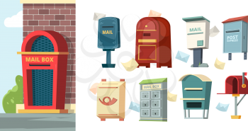 Postal containers. Mailboxes with letters envelope vector pictures. Mailbox post, delivery letter, postal container illustration