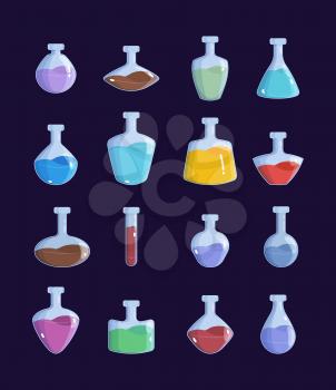 Potion jar. Witchcraft magic bottles game design objects antidot vector pictures set. Illustration elixir and potion for game, antidot bottle