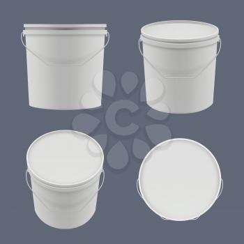 Plastic buckets. Yoghurt or construction liquids containers packages templates vector empty buckets. Container bucket for paint, realistic canister illustration