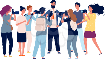 Political interview. Businessman talk with crowd journalists, photographers and popular person. Public relations manager or politician vector illustration. Journalist interview businessman