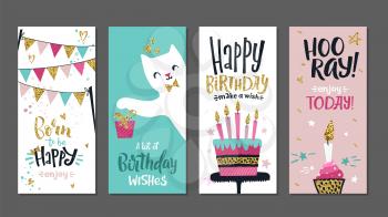 Birthday cards. Gift posters, cute greetings banners template. Art typography designs with lettering and golden glitters elements vector set. Gift birthday headline, celebration postcard illustration