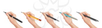 Hand holding stationery. Realistic pen pencil, isolated numan arm signs document vector illustration. Pen hand, pencil or sign, write by ballpoint