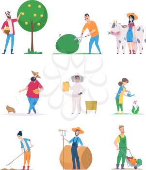 Gardeners and farmers. Happy characters growth vegetables agriculture workers vector cartoon people. Gardener farming and harvesting, farmer agriculture illustration