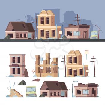 Damaged buildings. Bad old trouble houses abandoned exterior wooden destroyed constructions vector collection set. Illustration building damage, accident earthquake, architecture exterior