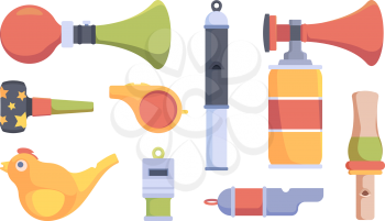 Whistle set. Security policemen or sport coach items colored whistles vector collection. Illustration whistle coach or security, referee and trainer equipment