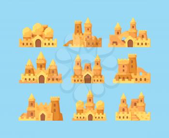Sandcastles for kids. Vacation activities children builders making sandcastles fortress palace near ocean vector cartoon. Fortress childhood, cartoon making palace illustration