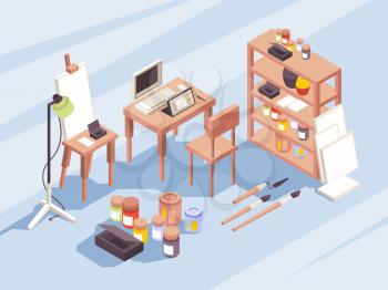 Designers drawing tools. Stationary items for painters photo cameras laptop brushes isometric symbols for education and work vector. Illustration designer drawing and photo interior
