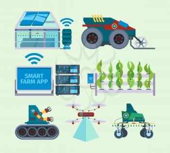 Smart farm. Unmanned farming agriculture innovations digital energy smart industry vector flat pictures set. Agriculture industry innovation, smart equipment farming illustration