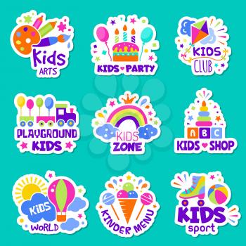 Kids logo. Toys shop identity creative children club badges kids playing zone symbols vector collection. Illustration sticker badge, kid playroom logo and place area