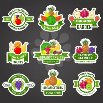 Fruit badges. Natural fresh product logo healthy vitamin food template for marketing symbols vector set. Illustration natural organic food badge