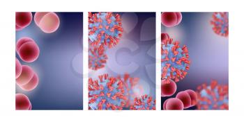 Bacteria flyers. Flu, antivirus banners template, realistic germs vector background. Illustration infection banner, virus coronavirus pandemic
