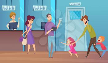 Bank service. Busy dad and kids, financial conculting vector illustration. Client busy with naughty daughter and son, business reception bank