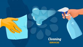 Cleaning service. Clean surface, hands with spray and fabric. Arm wipes wall or desk vector illustration. Cleanup surface, prevention cleaning and wipe disinfect
