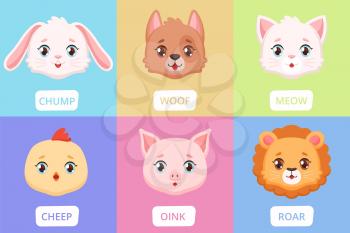 Cute animal faces. Cartoon wild characters, baby kids pastel colors cards with lion dog kitty vector set. Illustration wildlife rabbit and cat, cheep and oink