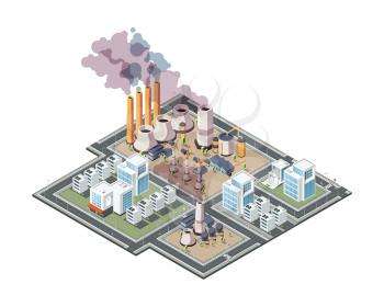 Industrial city. Urban factory pollution air garbage in city 3d low poly isometric buildings vector. Pollution city urban, factory industrial illustration