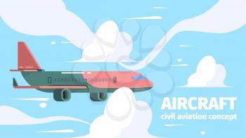 Plane in sky. Travelling background passenger aircraft in clouds vector cartoon illustrations. Aircraft passenger, air travel tourism