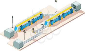Railway junction. Train railroads business transportation company vector isometric concept. Illustration railroad and railway route junction isometric style