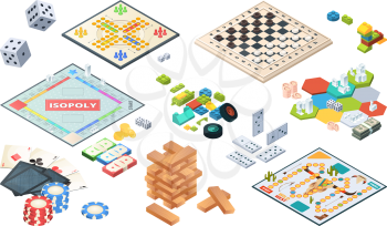 Board games. Adults funny games isometric cards backgammon chess mahjong vector. Illustration isometric board game 3d, playtime entertainment