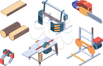 Lumber isometric. Sawmill items and workers wood workman vector isometric collection. Illustration logging and hardwood service, material stock