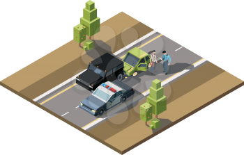 Road accident isometric. Car damaged emergency help traffic accidents injured crash vehicles urban transport vector 3d background. Isometry collision vehicle, transport accident