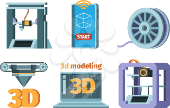 3d printing icon. Dimensional printer prototypes future technology smart print technics vector flat pictures. Illustration equipment construction, dimensional prototype manufacturing