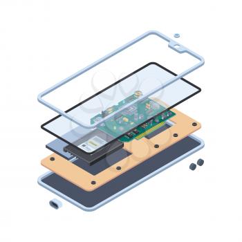 Smartphone hardware. Isometric layers of inside touch screen gadgets or tablet pc motherboard mobile vector repair service concept. Smartphone hardware, screen equipment innovation illustration