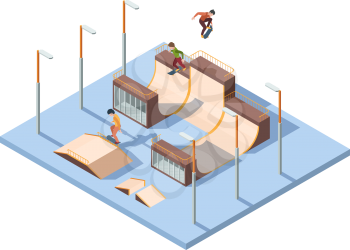 Skate park. Young teenagers active riders and jumpers extreme sport activities skateboard performance vector isometric background. Skatepark city, person activity and recreation illustration