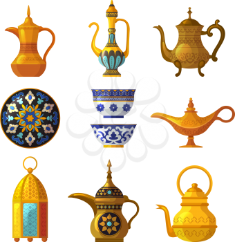 Old arabic heritage. Traditional cultural decorated pottery with logos saudi symbols vector arabia set. Illustration arabic pottery, clay traditional antique