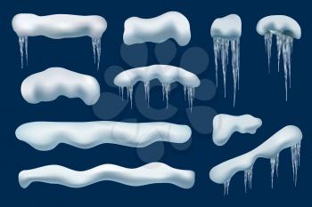 Winter snow cap. Roof decoration frozen shapes christmas piles icicles vector realistic collection. Illustration roof ice, snow frost caps, winter frozen top