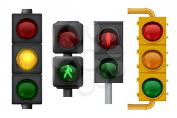 Traffic lights realistic. Urban light objects on road vector signs for transport. Traffic stoplight for safety trasportation on road illustration