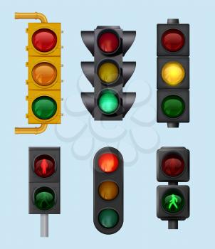 Urban traffic lights. Signs for city vehicles lighting objects for road cross direction vector realistic set. Illustration crossroad controller, light traffic road