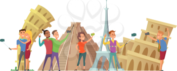 Tourists selfie. People make phone photos on vacations. Popular european landmarks, man woman couples vector concept. Tourist on vacation, couple cartoon photographing illustration