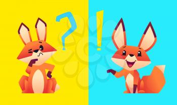 Fox think. Cartoon foxes finding solution, problem or task vector characters. Illustration fox animal character, adorable funny and happy mascot