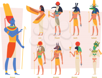Ancient egypt gods. Pharaoh anubis osiris egyptian people vector authentic exact characters. Religious people, africa famous egypt goddess illustration
