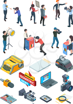 Journalist isometric. Broadcasting media studio newspaper correspondent equipment interviewer journalism vector collection. Illustration tv journalist with camera, news video, professional newscaster