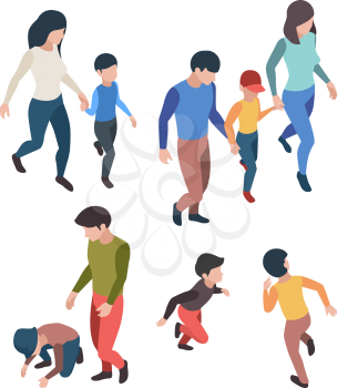 Family isometric. People father mother children playing walking happy parents garish vector persons. Mother and father family with kids walking illustration