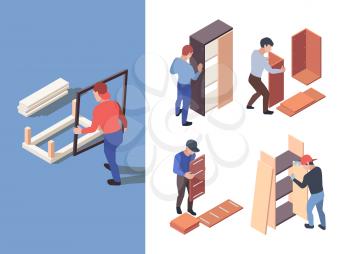 Furniture assembly. People crafting wooden furnitures with instructions garish vector isometric characters workers. Illustration assembly furniture, making interior by handyman