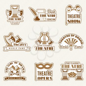 Theatre logo. Cinema entertainment show elements theatre badges drama and comedy mask recent vector set. Illustration theater show emblem, art studio performance