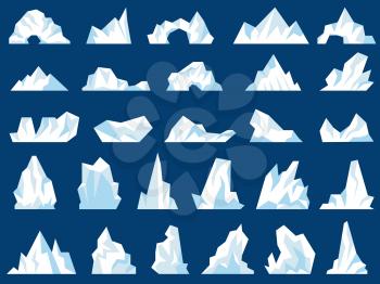 Iceberg illustrations. Crystal freezing mountains snow hills in ocean north pole antarctic frost recent vector pictures. Antarctic peak iceberg, north frost ice illustration