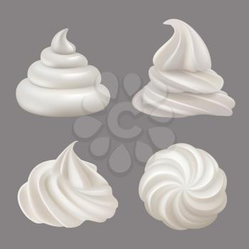 Whipped cream. Delicious liquid food ingredients for cooking cakes cream swirls decent vector realistic illustrations. Illustration cream dessert, twist delicious whipped
