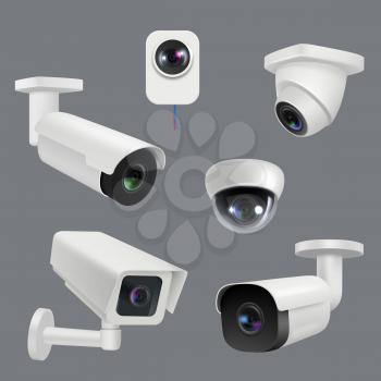 Cctv systems. Security cameras house electronic smart technologies decent vector realistic set. Security system cctv, control and safety illustration